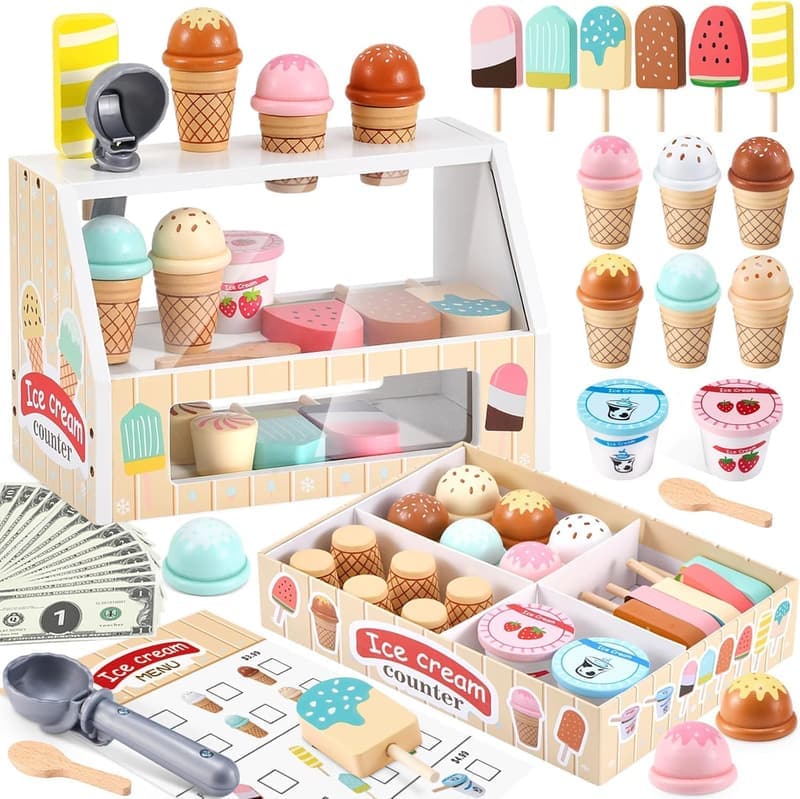 Wooden Ice Cream Play Set for Kids with Scoop & Menu