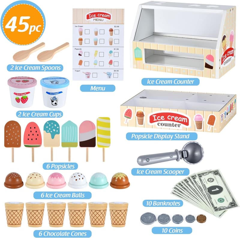 Wooden Ice Cream Play Set for Kids with Scoop & Menu