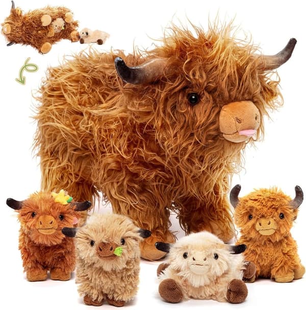 Realistic Highland Cow Plush Toy with 4 Calves – 14.5