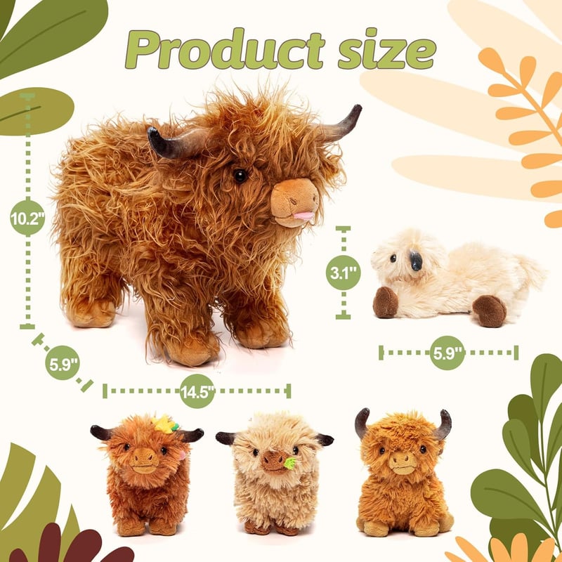 Realistic Highland Cow Plush Toy with 4 Calves – 14.5
