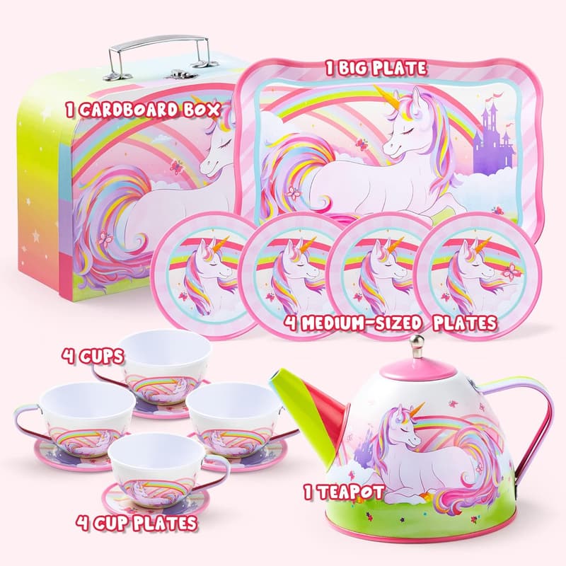 Unicorn Tea Party Set for Toddlers - Tin Teapot & Accessories