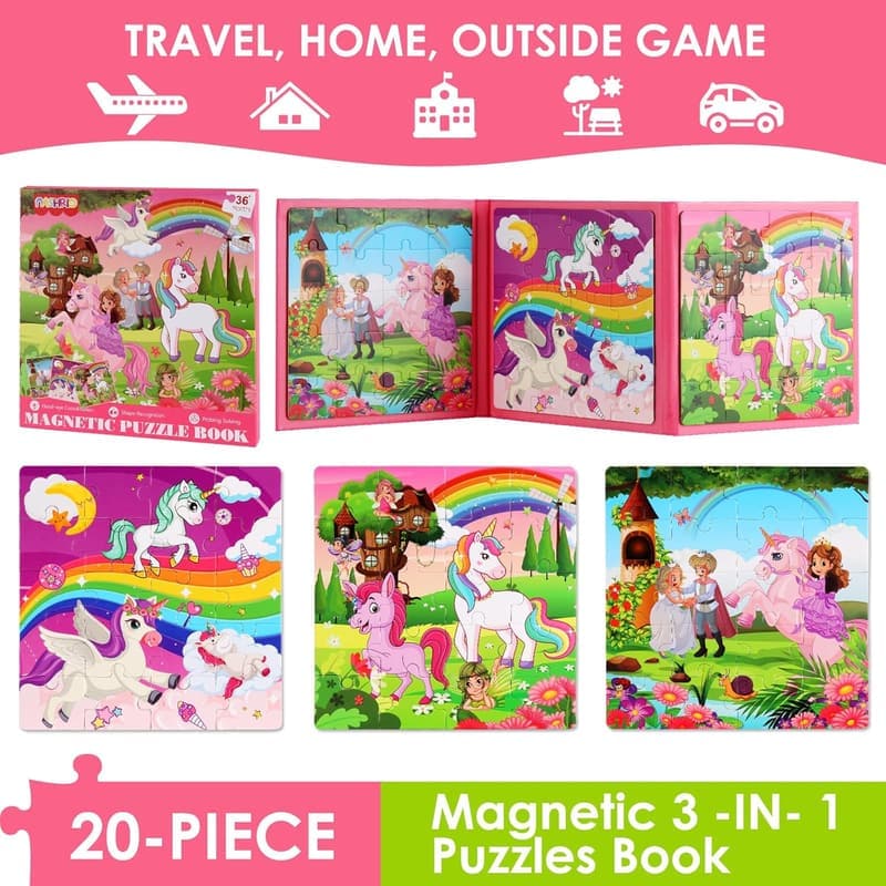 Unicorn Princess Magnetic Puzzles for Kids, 20-Piece Travel Toys