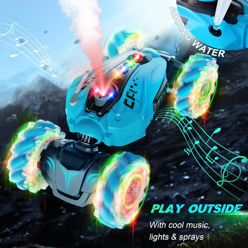 Remote Control Stunt Car with Spray Lights & Music – Birthday Gift for Kids (Ages 6-12)