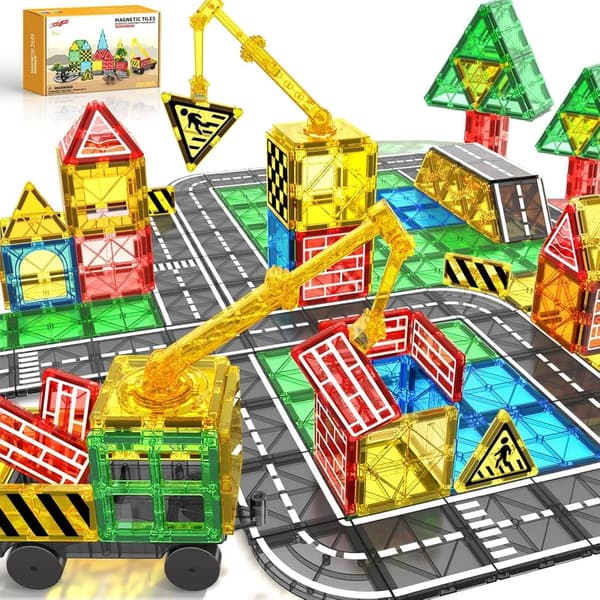 Magnetic Tile Construction Set for Kids - Crane Car Blocks