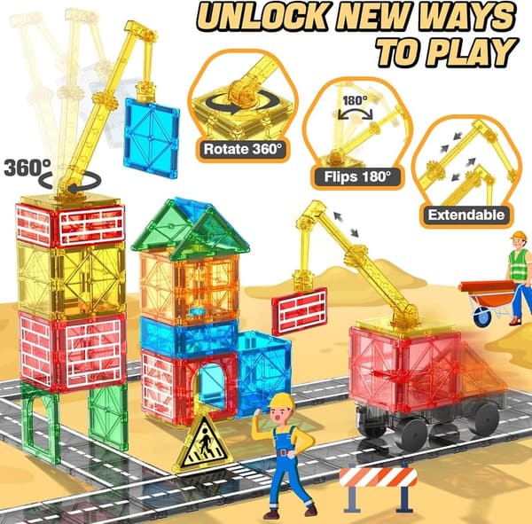Magnetic Tile Construction Set for Kids - Crane Car Blocks