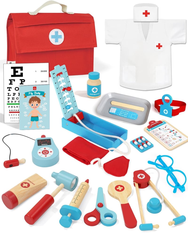 Kids Wooden Doctor Playset with Stethoscope - Pretend Play Toy