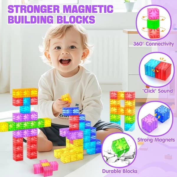 Translucent Magnetic Blocks Set - 52pcs Rainbow STEM Toys for Kids