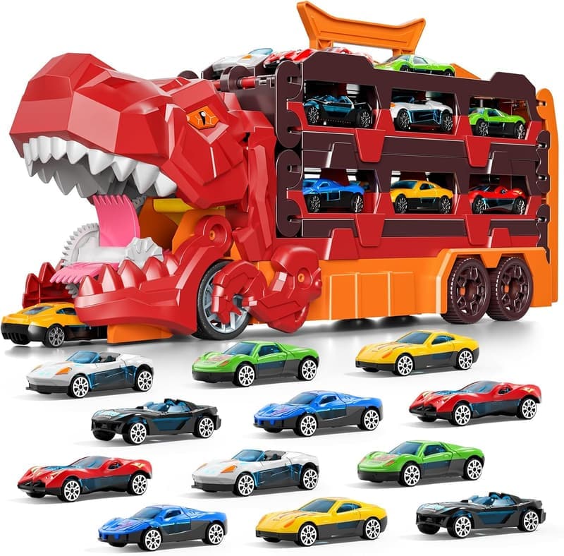 Dinosaur Race Track Set with Carrier Truck & 12 Cars - Birthday Gift for Boys 3-6