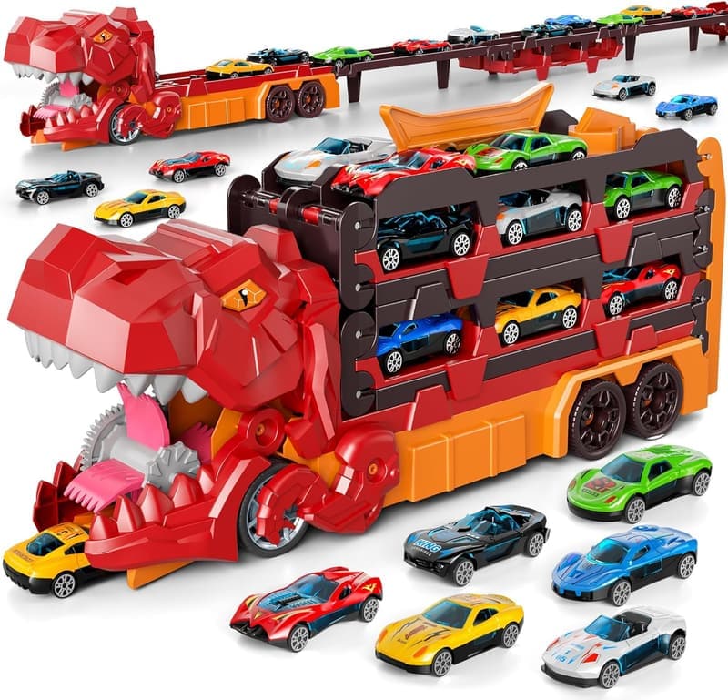 Dinosaur Race Track Set with Carrier Truck & 12 Cars - Birthday Gift for Boys 3-6
