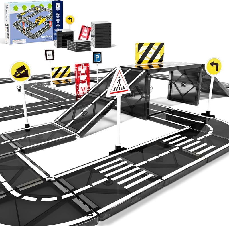 Magnetic Building Tiles Road Set for Kids Ages 3+