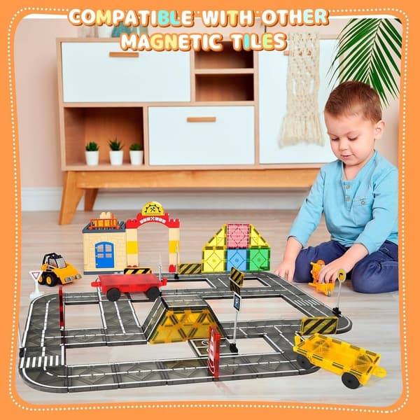 Magnetic Building Tiles Road Set for Kids Ages 3+