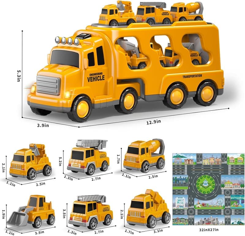 Construction Truck Toy Set with Playmat & Lights for Toddlers