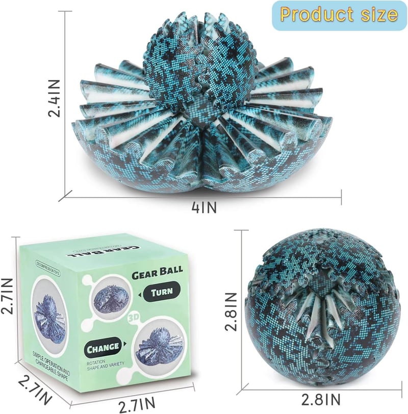 3D Printed Gear Ball Fidget Toy for Stress Relief, Blue-Black