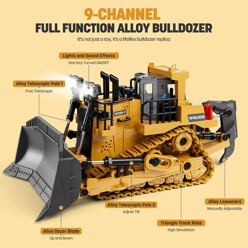 Remote Control Bulldozer Toy with Lights & Sound for Kids
