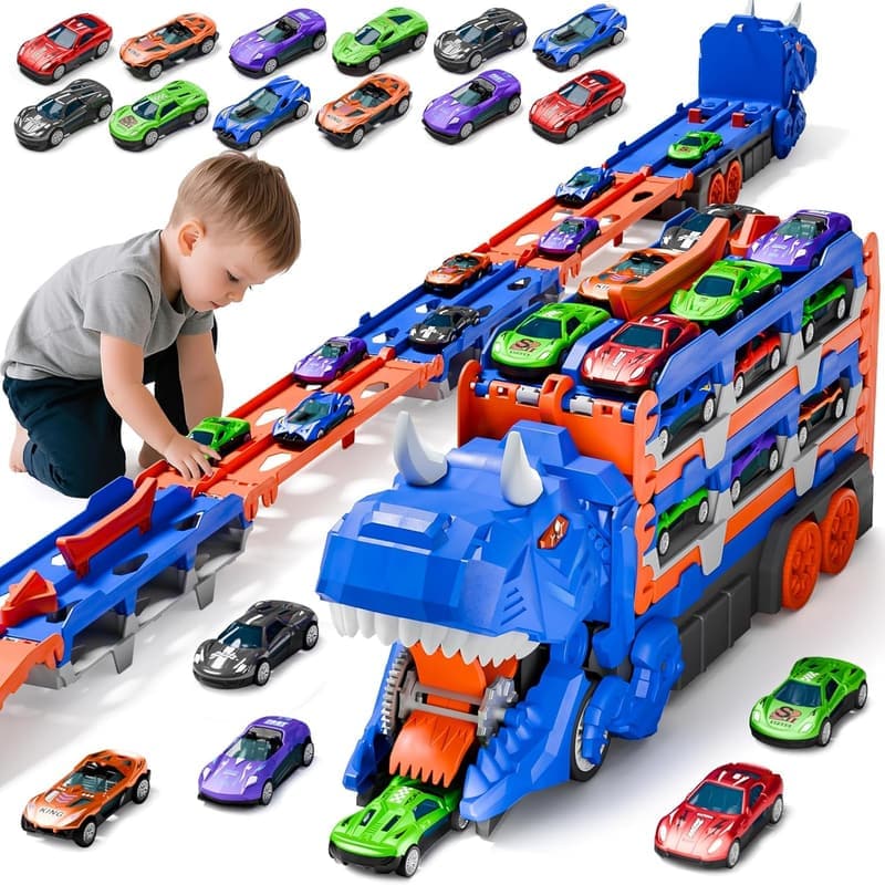 Dinosaur Toy Truck Track Set with 12 Die-Cast Cars for Toddlers