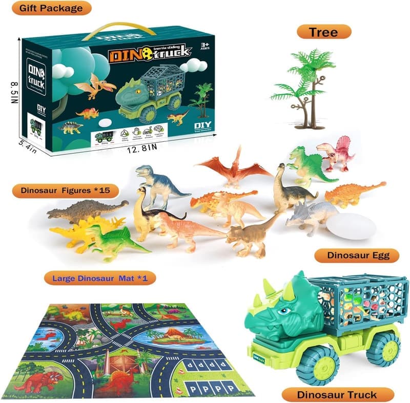 Dinosaur Truck Playset with 15 Figures & Activity Mat for Kids