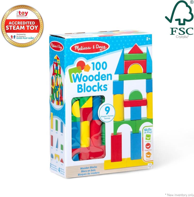 Classic Wooden Building Blocks Set - 100 Colorful Pieces for Toddlers