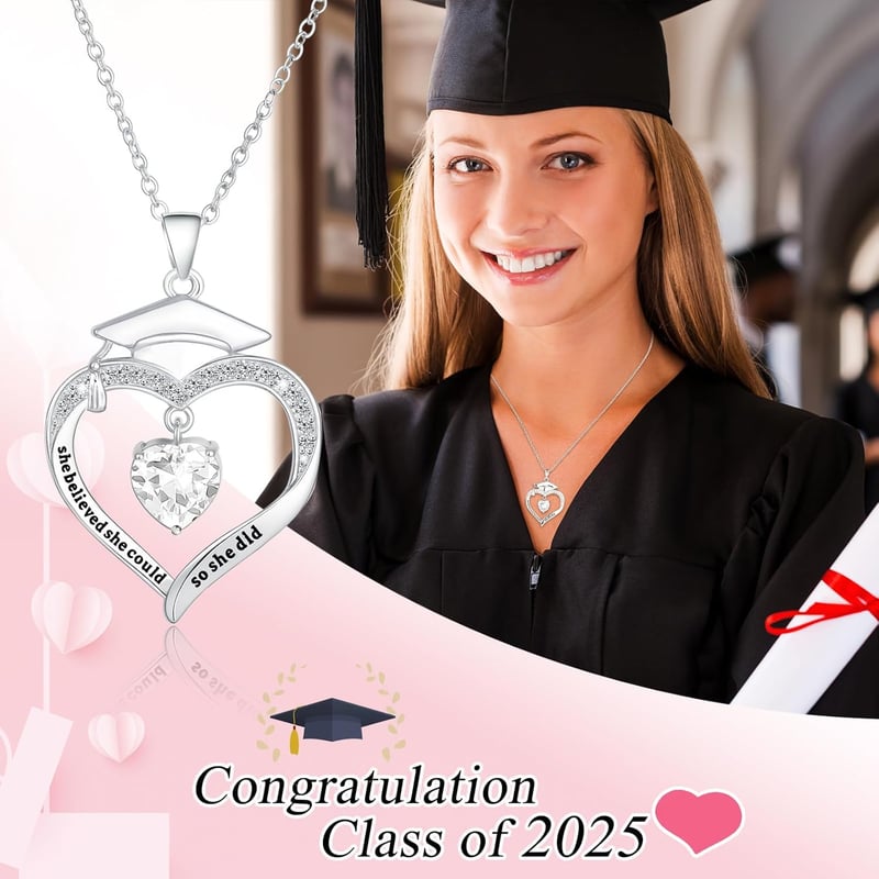 2025 Graduation Necklace with Birthstone CZ Heart Pendant