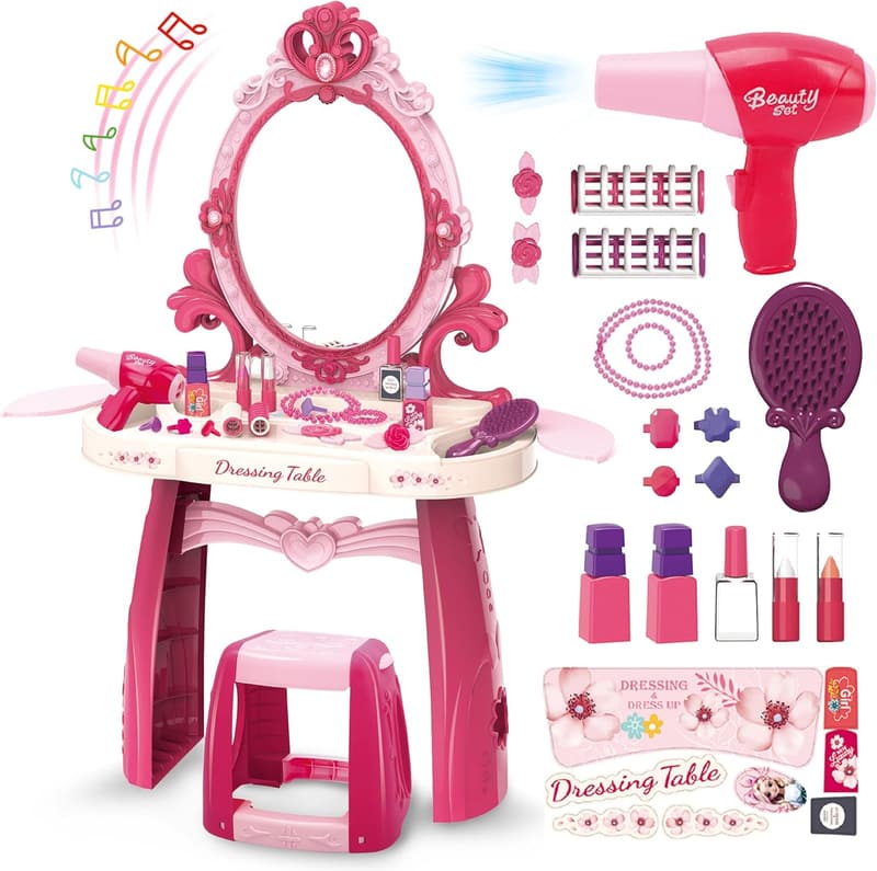 Kids Vanity Makeup Table Playset with Light & Music, Gift for Girls