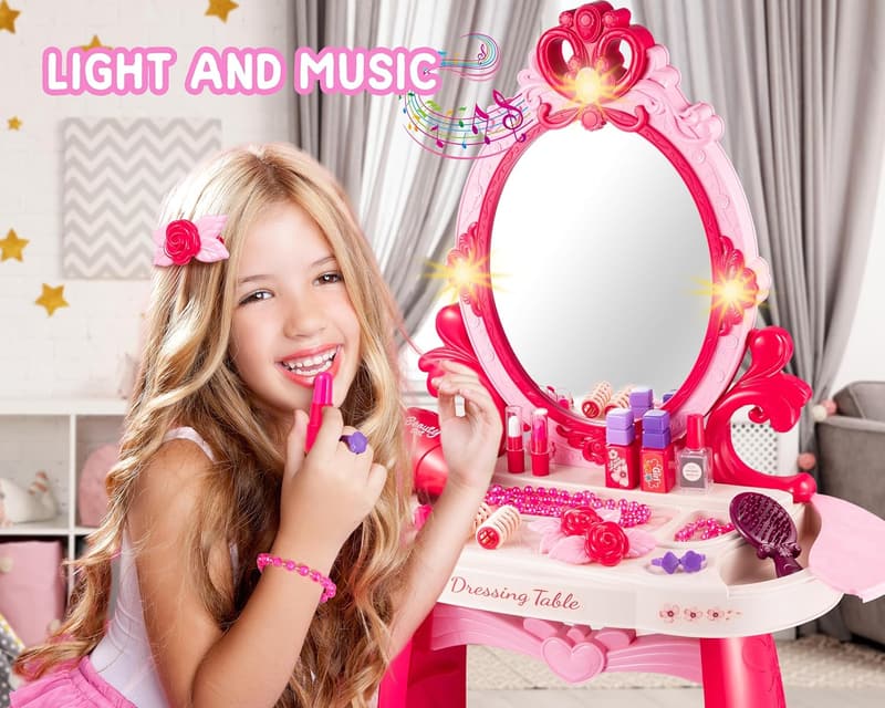 Kids Vanity Makeup Table Playset with Light & Music, Gift for Girls