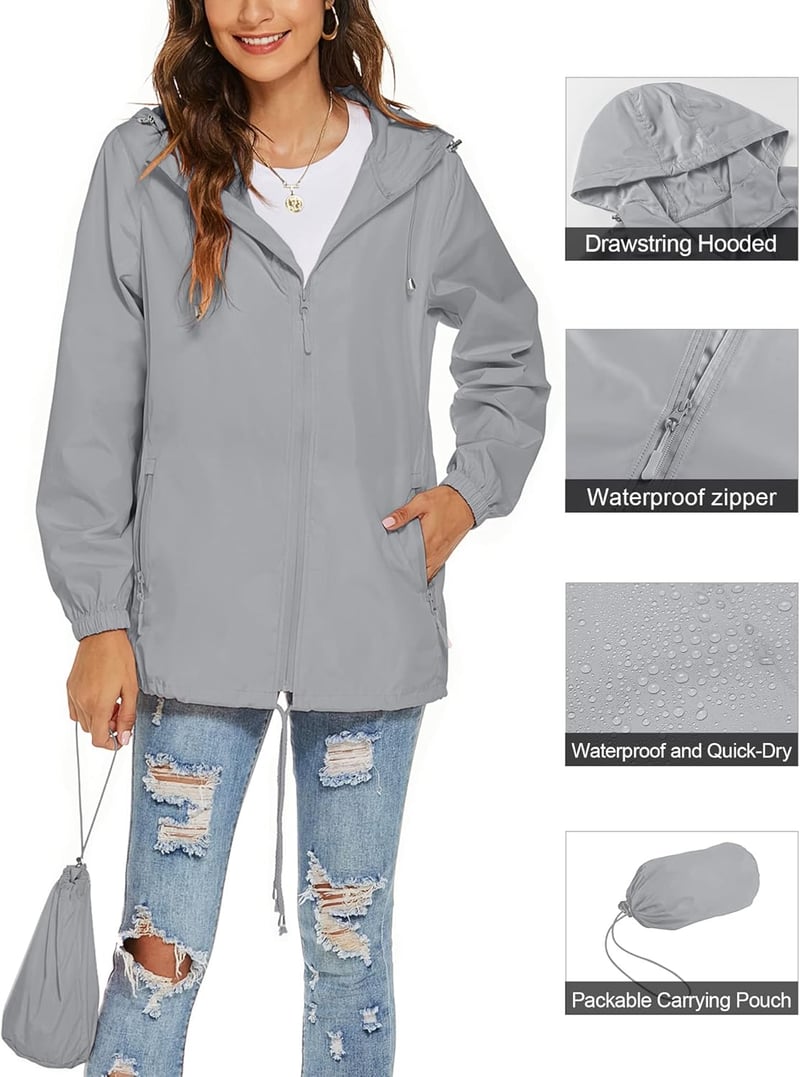 Lightweight Waterproof Hooded Rain Jacket for Women