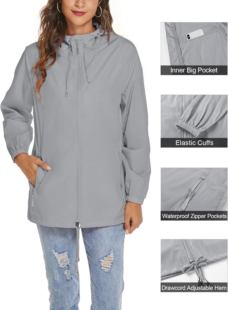 Lightweight Waterproof Hooded Rain Jacket for Women
