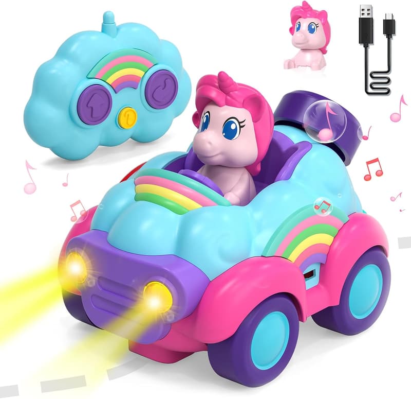 Unicorn Remote Control Car for Girls Ages 3-5, Rechargeable with Lights & Musica