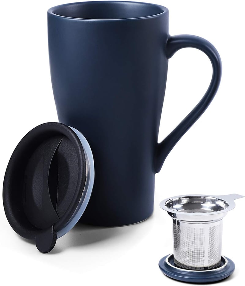 Large Royal Blue Tea Infuser Mug with 2 Lids, 18oz