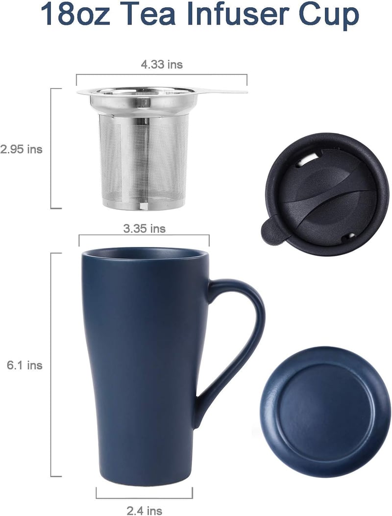 Large Royal Blue Tea Infuser Mug with 2 Lids, 18oz