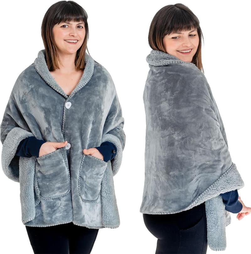 Cozy Double Layer Poncho Blanket Gift for Women - Silver Grey