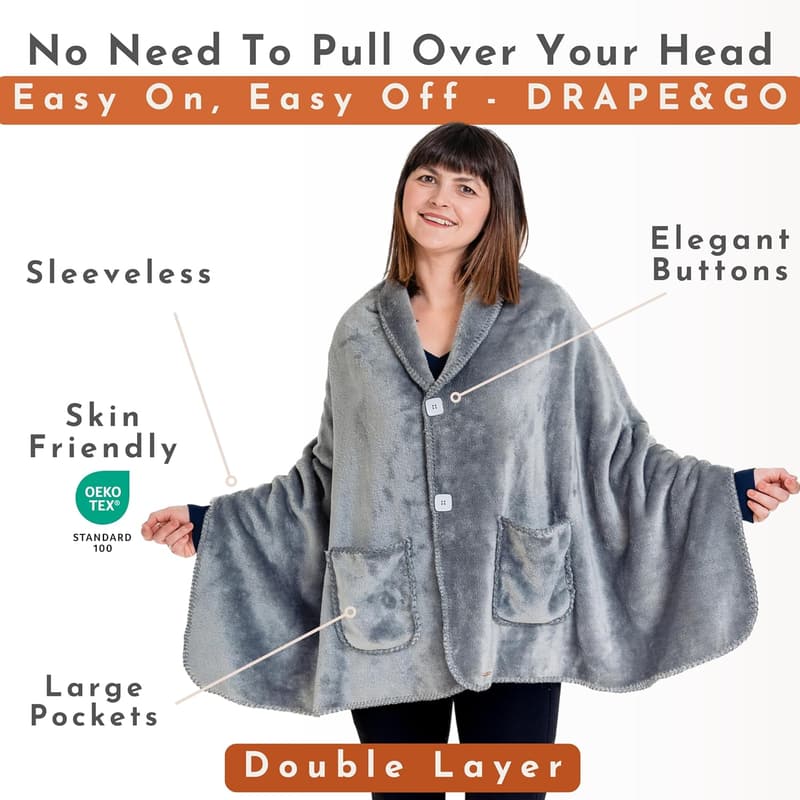 Cozy Double Layer Poncho Blanket Gift for Women - Silver Grey