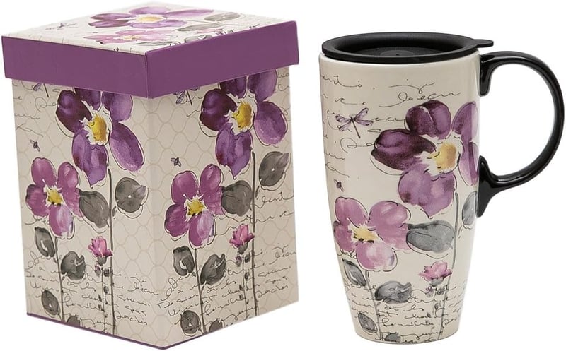 Purple Flower Ceramic Travel Mug, 17 oz, Sealed Lid