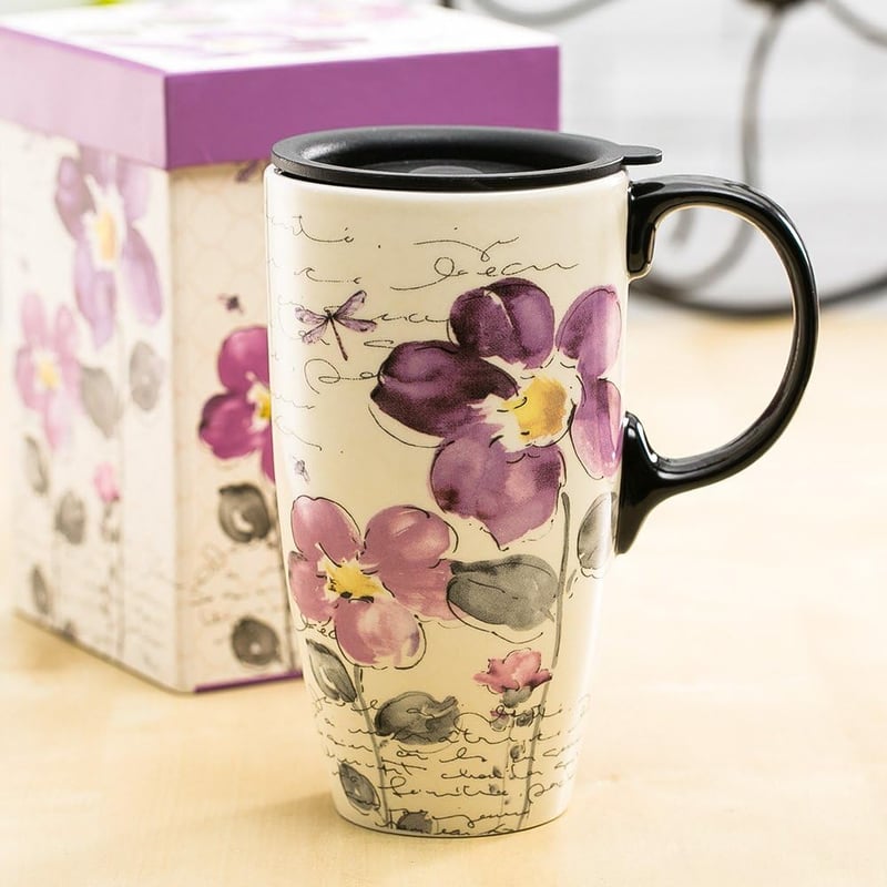Purple Flower Ceramic Travel Mug, 17 oz, Sealed Lid