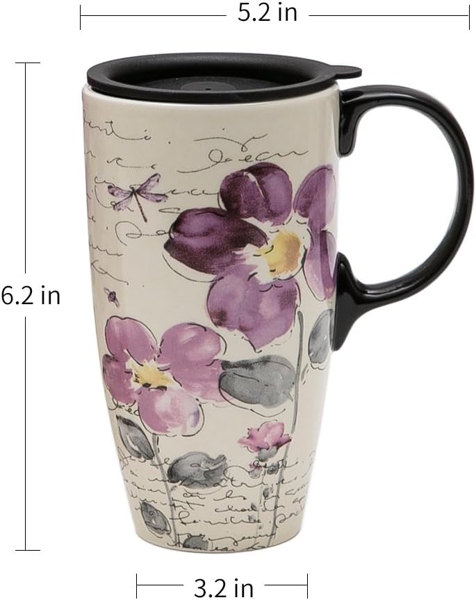 Purple Flower Ceramic Travel Mug, 17 oz, Sealed Lid