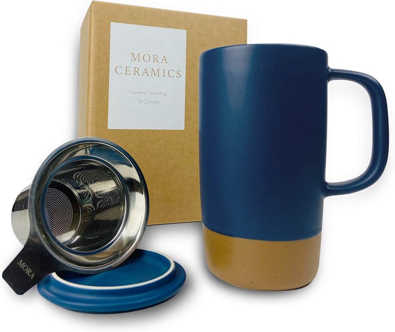Large Deep Blue Tea Mug with Infuser & Lid - 18 oz, Microwave Safe