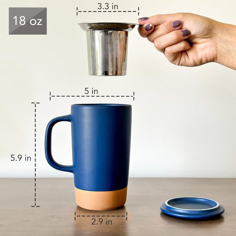 Large Deep Blue Tea Mug with Infuser & Lid - 18 oz, Microwave Safe