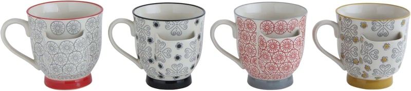 Decorative Stoneware Mugs with Tea Bag Holders - Set of 4