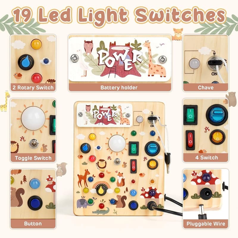 Montessori Busy Board with LED Lights - Toddler Sensory Toy