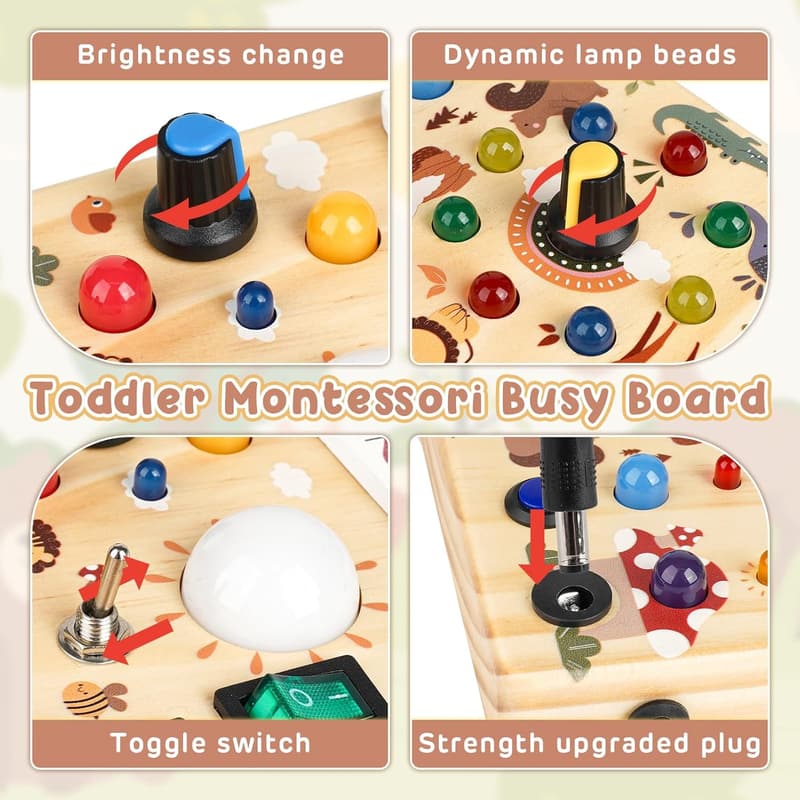 Montessori Busy Board with LED Lights - Toddler Sensory Toy