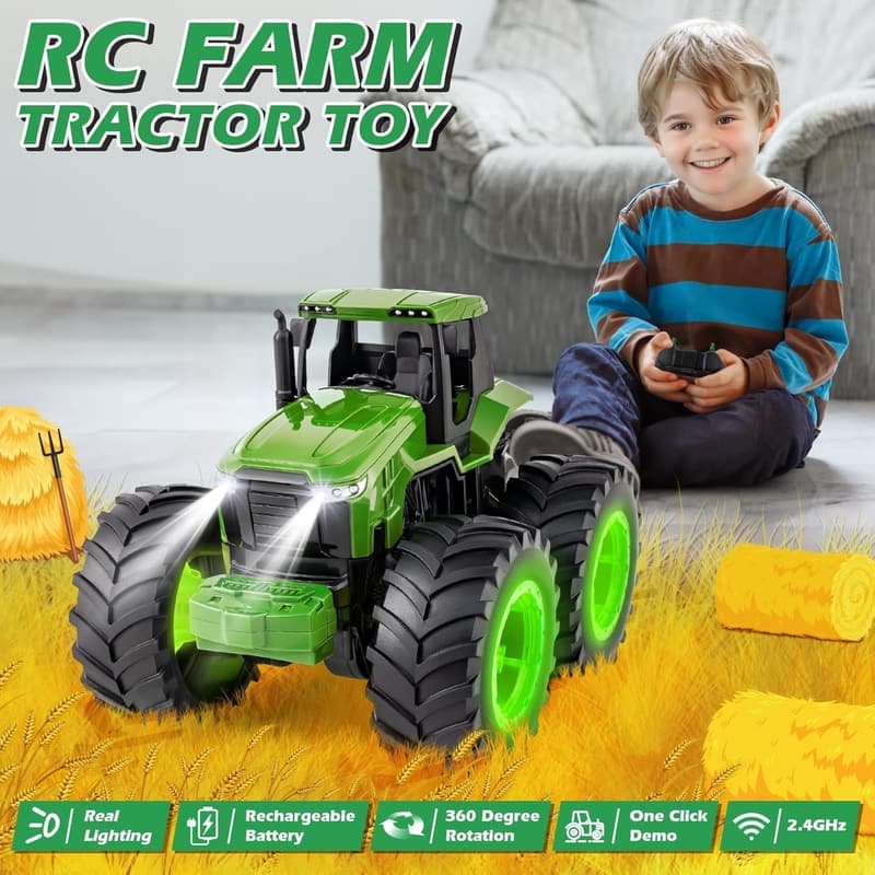 Light Up Remote Control Tractor Toy for Kids Ages 3-7