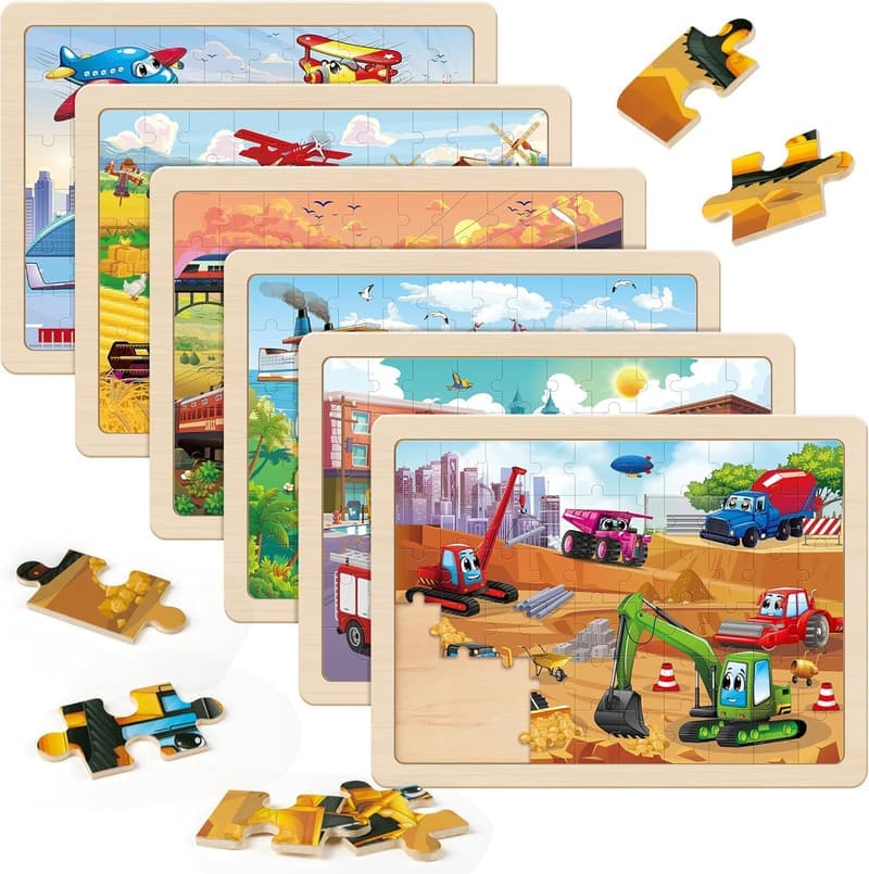 Educational Wooden Vehicle Puzzles for Kids Ages 4-8 (6 Packs)