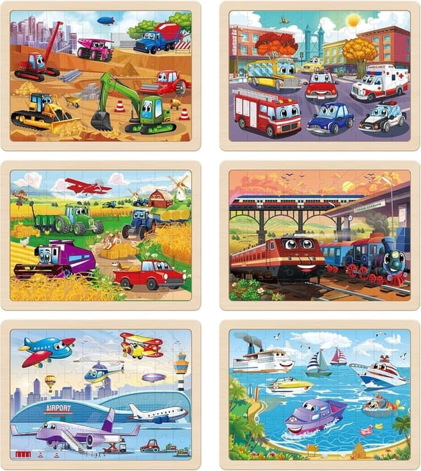 Educational Wooden Vehicle Puzzles for Kids Ages 4-8 (6 Packs)