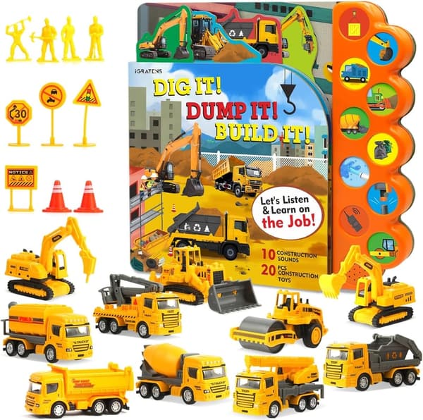 Construction Board Book with Sound & 20 PCS Toys for Kids 3+