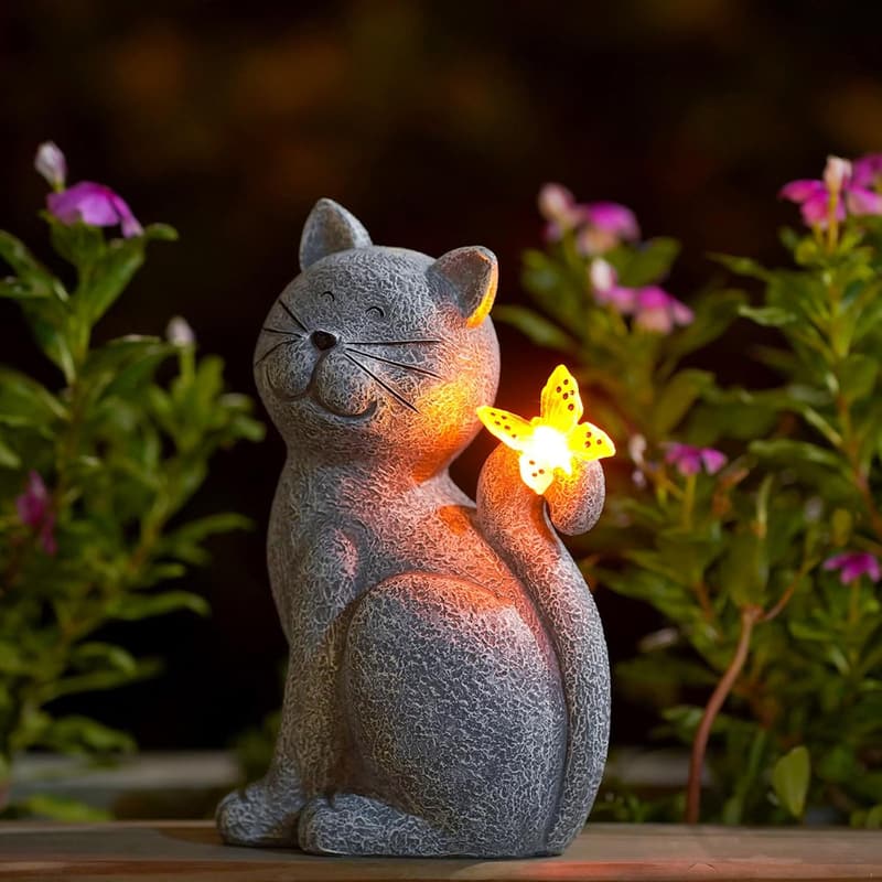 Solar Cat Garden Statue with Butterfly - Outdoor Decor for Women