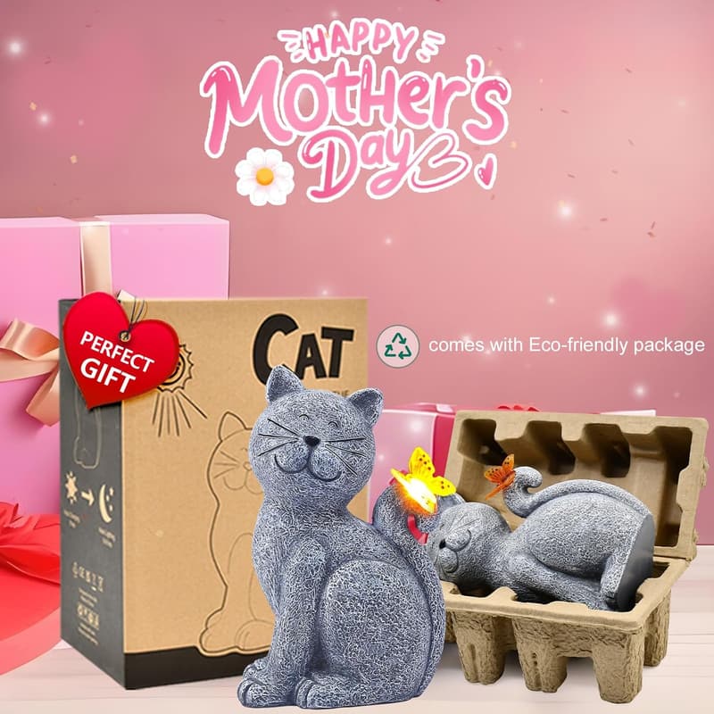 Solar Cat Garden Statue with Butterfly - Outdoor Decor for Women