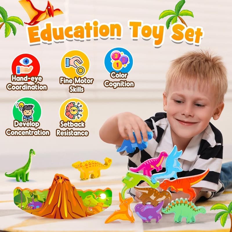 Dinosaur Wooden Stacking Blocks Montessori Toy for Kids 2-7