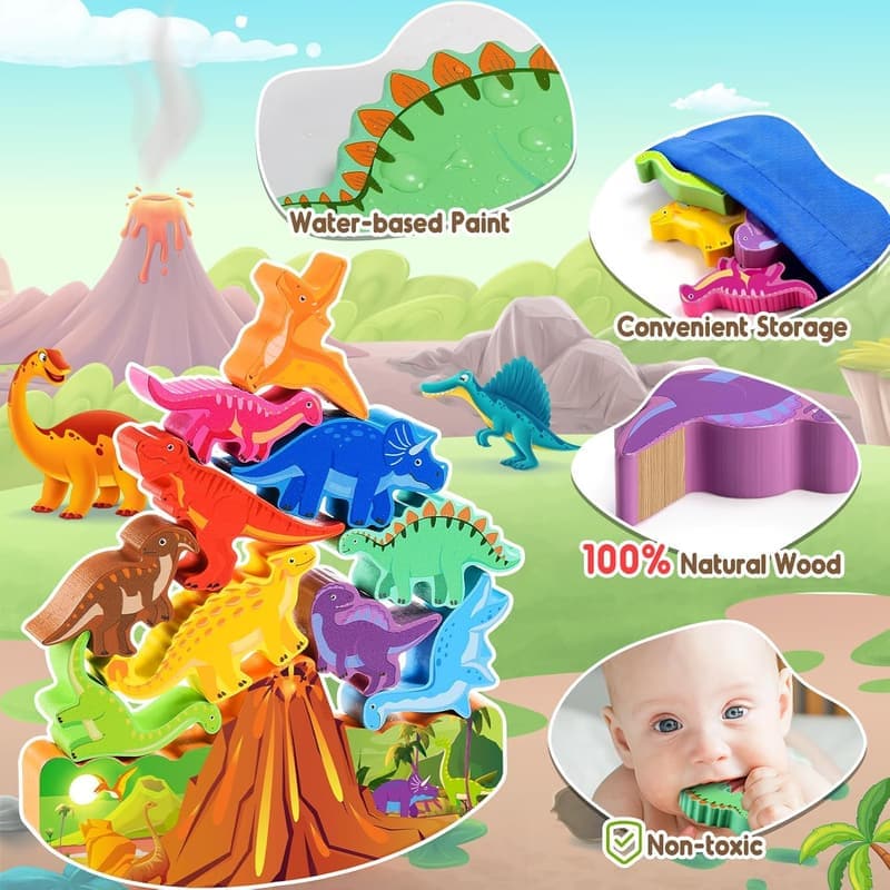 Dinosaur Wooden Stacking Blocks Montessori Toy for Kids 2-7
