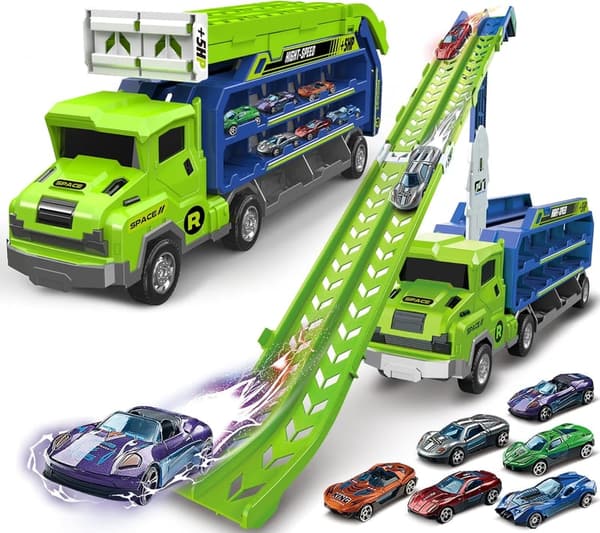 Foldable Car Race Track Playset with 6 Metal Cars for Toddlers