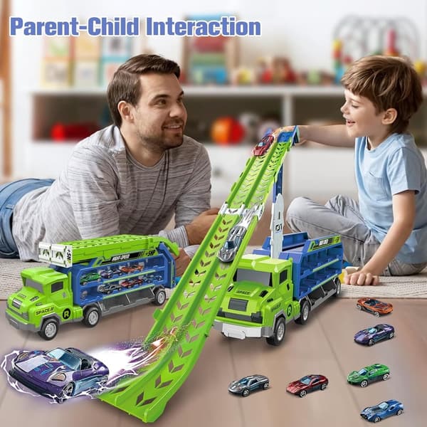 Foldable Car Race Track Playset with 6 Metal Cars for Toddlers