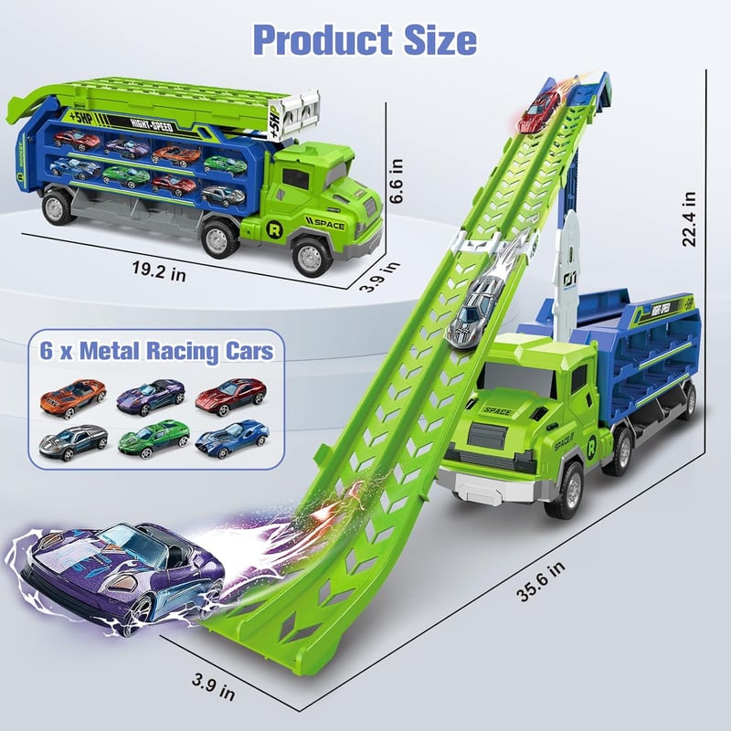 Foldable Car Race Track Playset with 6 Metal Cars for Toddlers